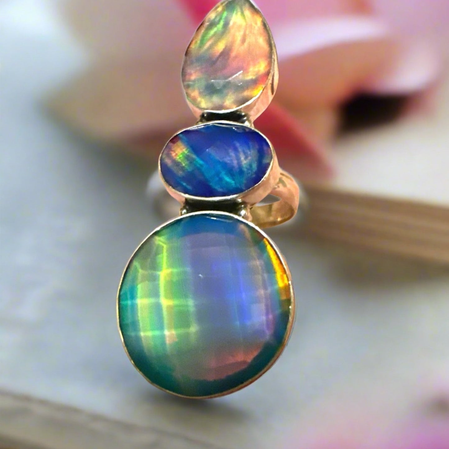 Three Stone Aurora Opal Faceted Handmade Sterling Silver Ring Adjustable