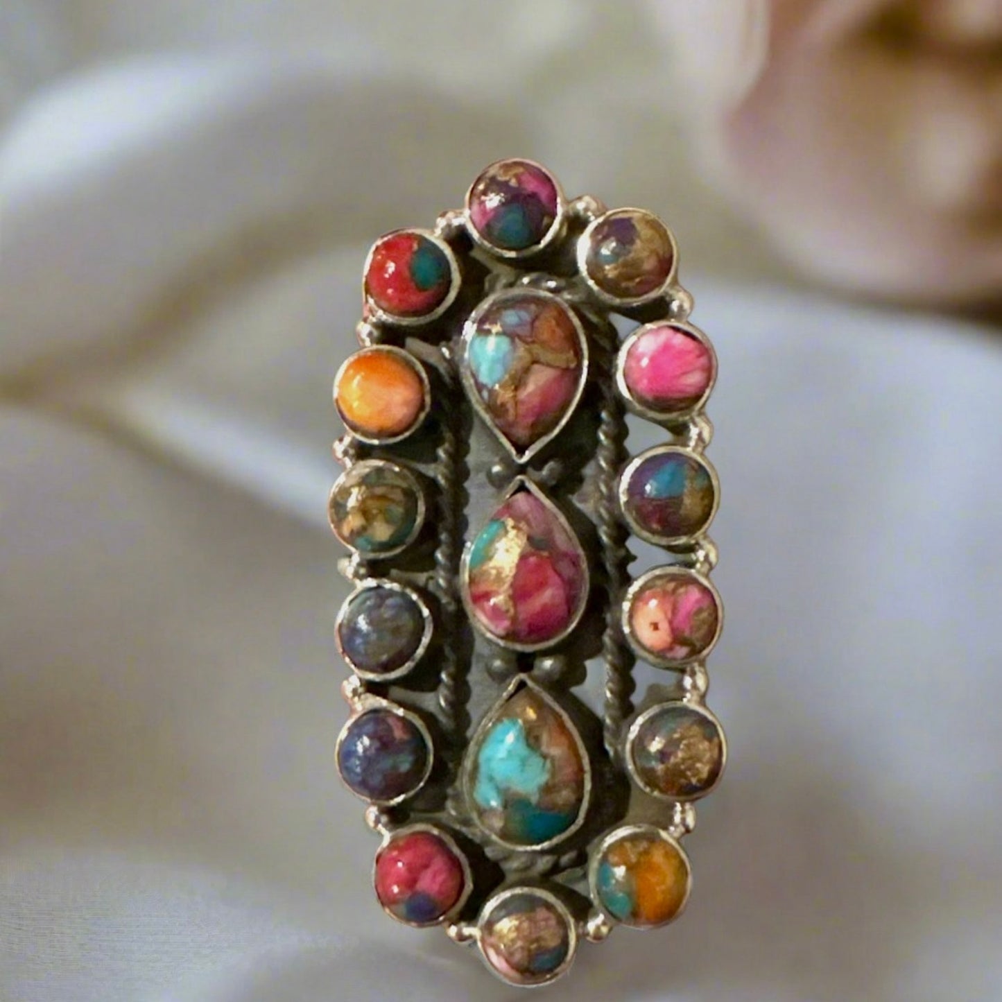 Stunning Spiny Oyster Pink Dahlia Southwestern Ring Adjustable 2” Long