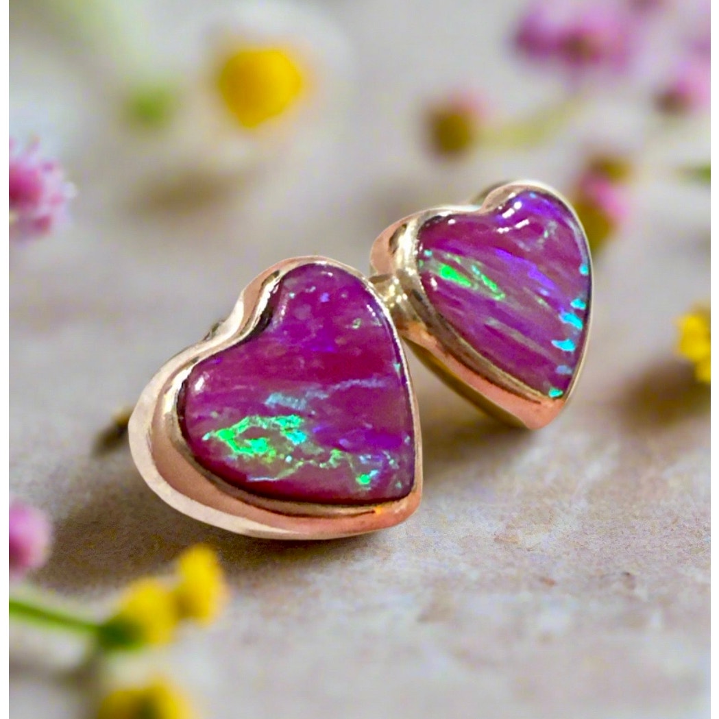 Pink Opal | Heart Shape Stud Earrings | 925 Sterling Silver