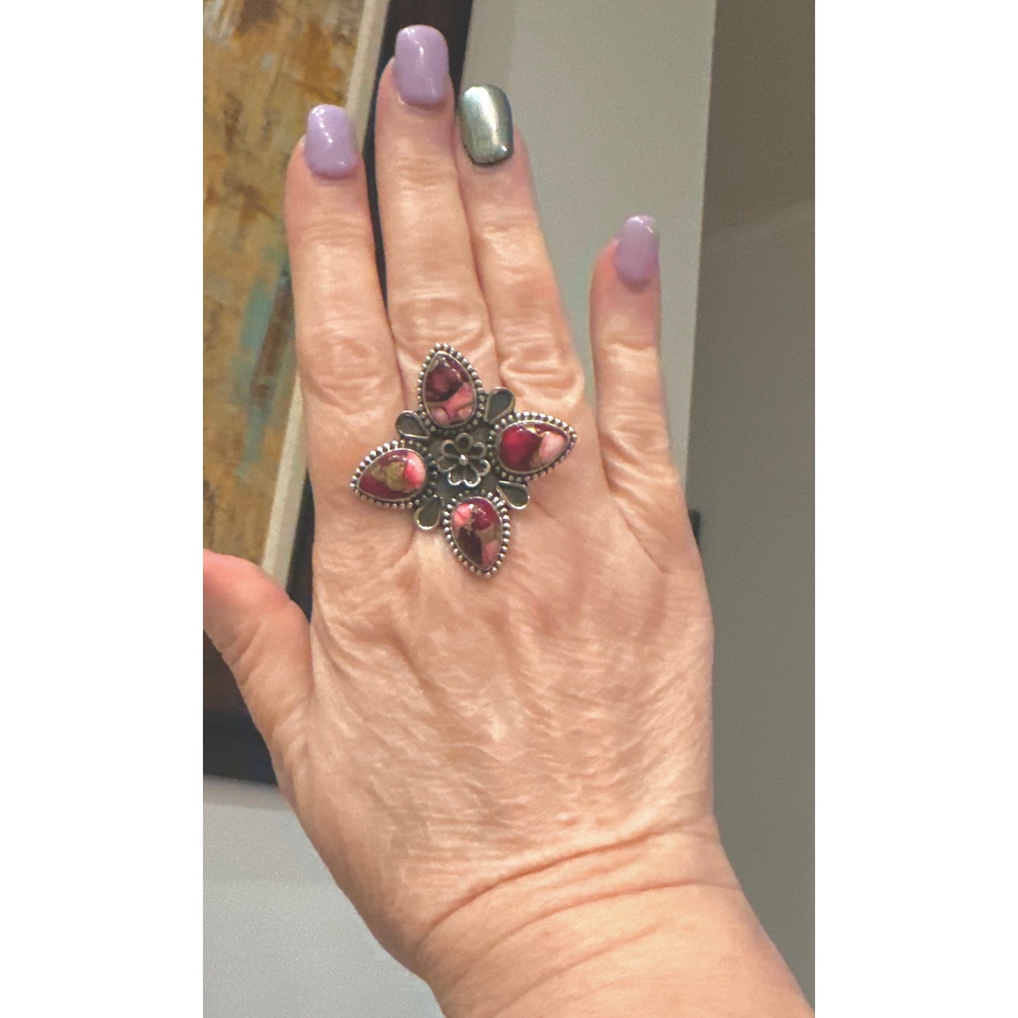 Red Rose Dahlia Statement Ring Sterling Silver Size 7