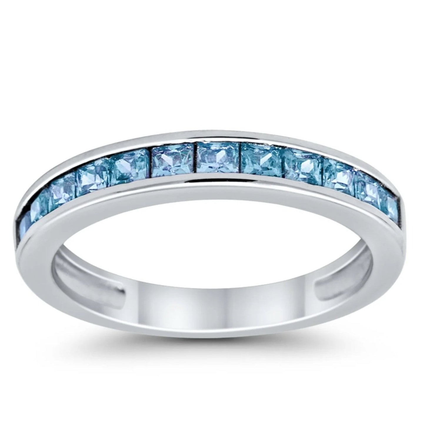 Half Eternity Band Wedding Ring Simulated Aquamarine CZ 925 Sterling Silver.