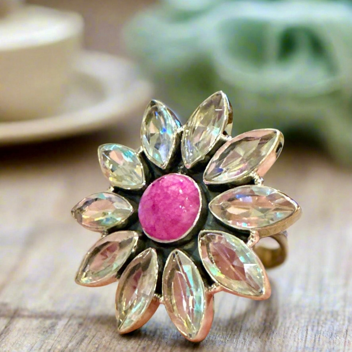 Pink Moonstone Aurora Quartz Oval Round Statement Ring Adjustable