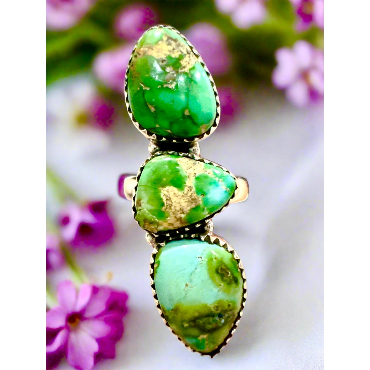 Sonoran Gold Turquoise Three Stone Ring Sterling Adjustable 5-10