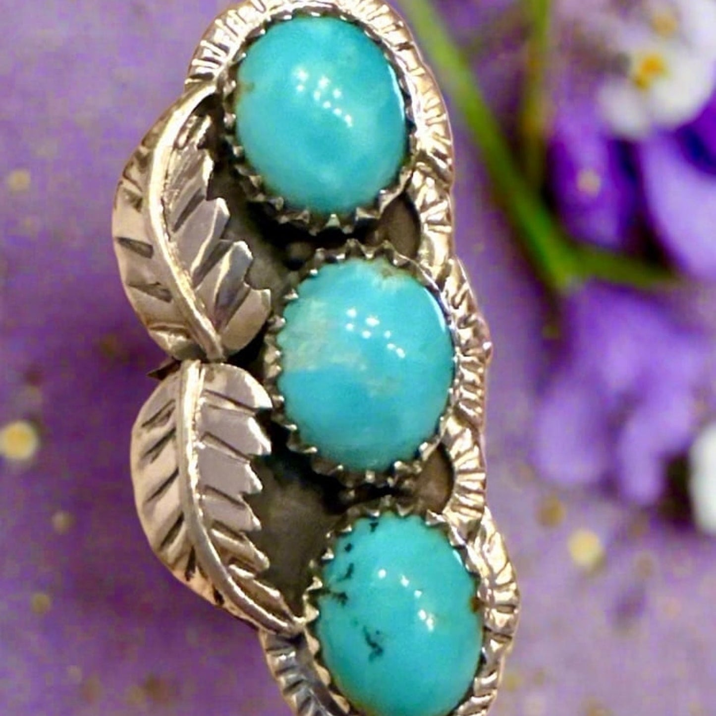 Three Stone Turquoise Sterling Silver Ring Size 9