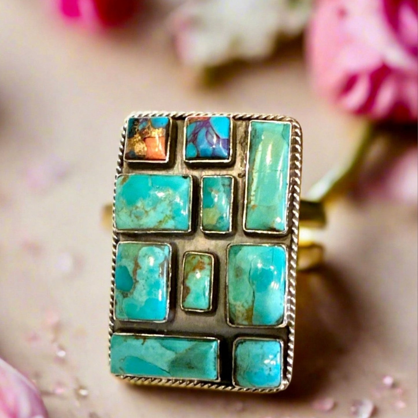 HUGE Turquoise Spiny Oyster Square Ring Adjustable