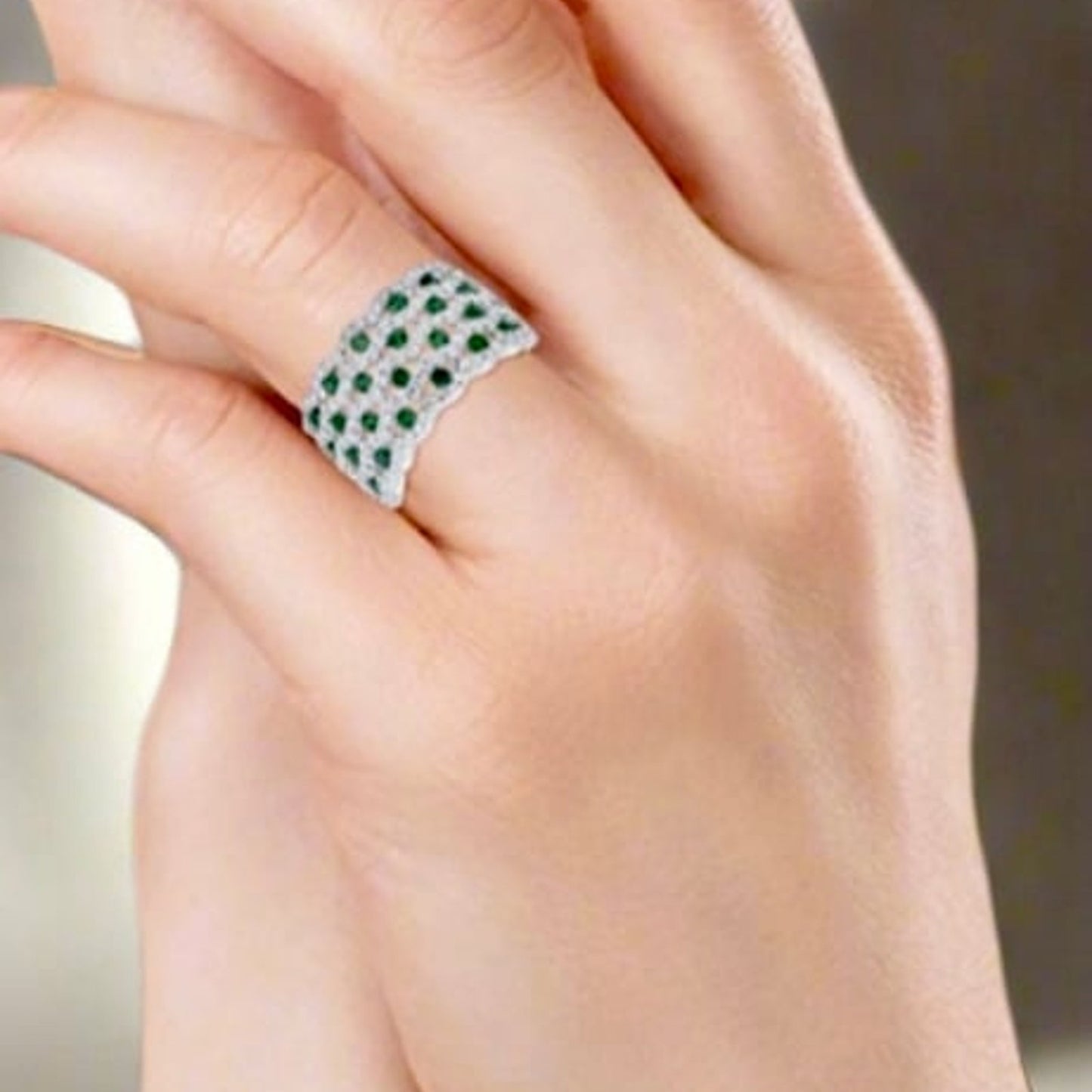 Half Eternity Simulated Emerald Wide Ring Size 5-10