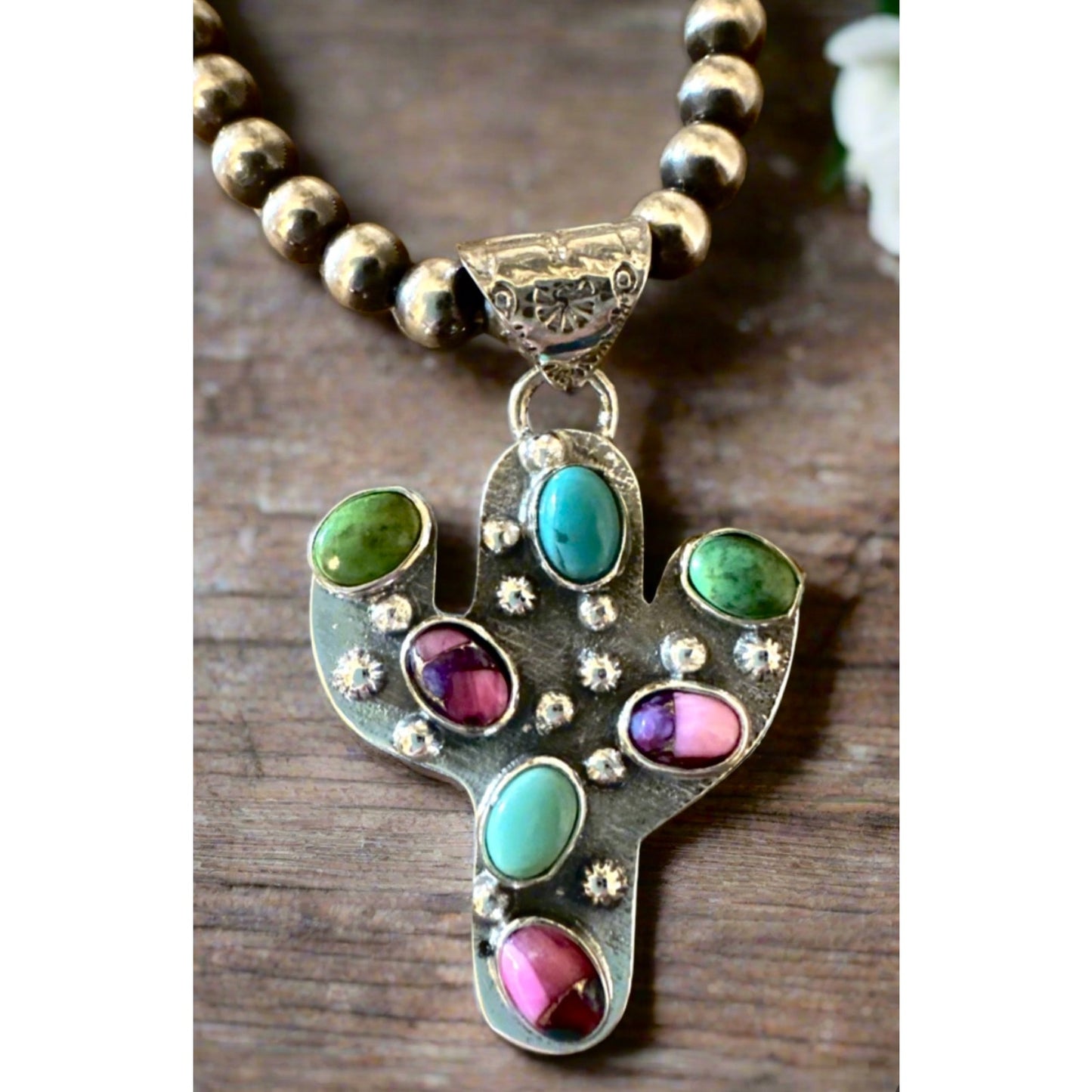 Green Blue Turquoise & Red Rose Dahlia Cactus Pendant 1.25” Long Sterling .925