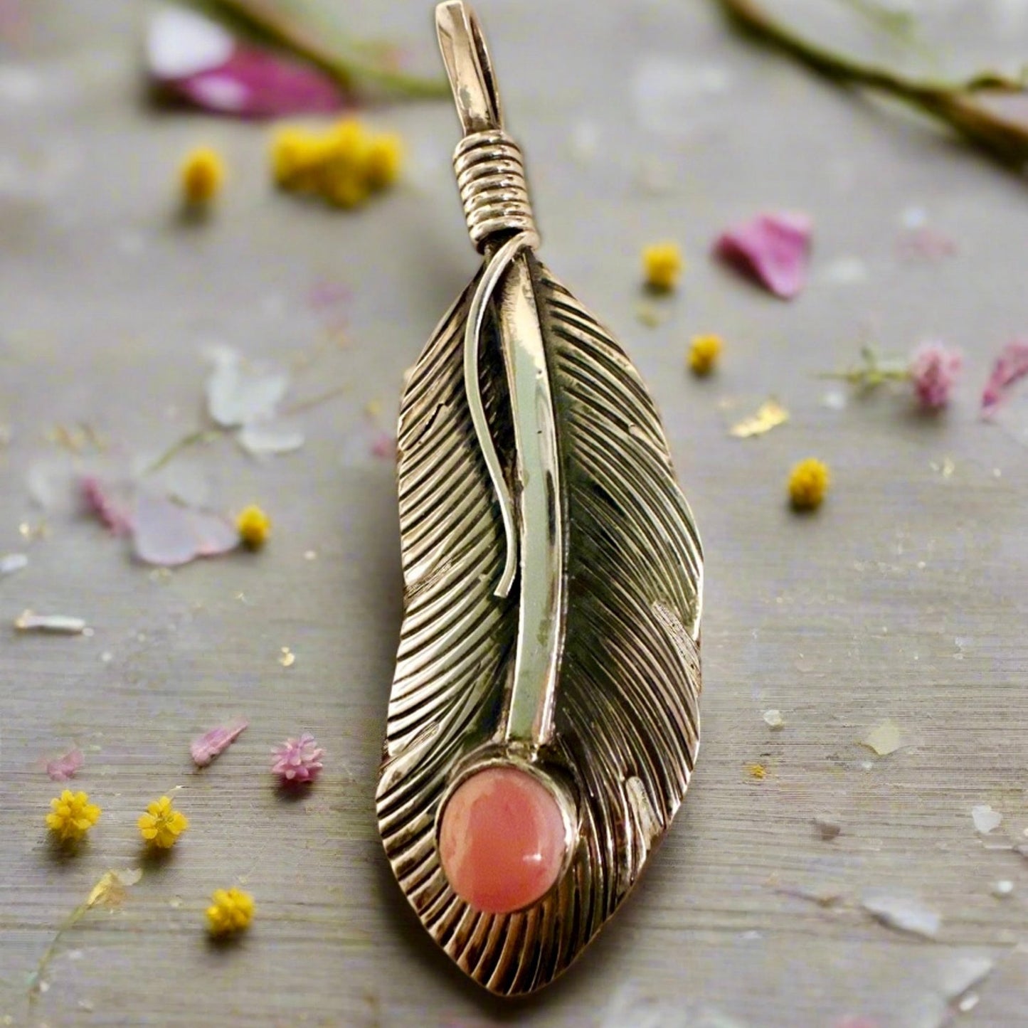 Pink Conch Southwestern Feather Sterling Silver Pendant 2” Long