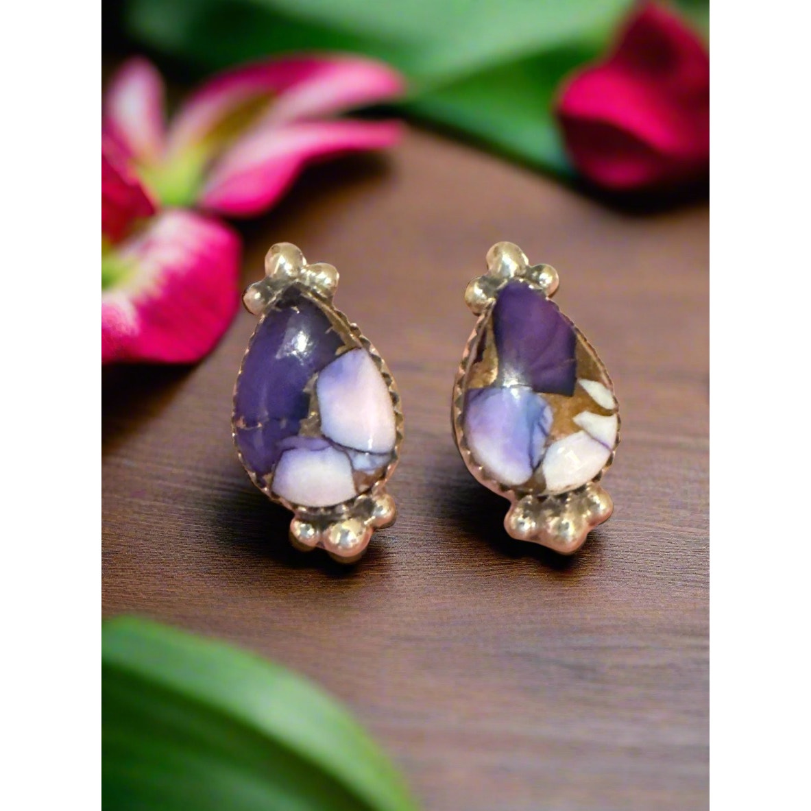 Purple Copper Turquoise Teardrop Earrings 1/2” Long Sterling Silver