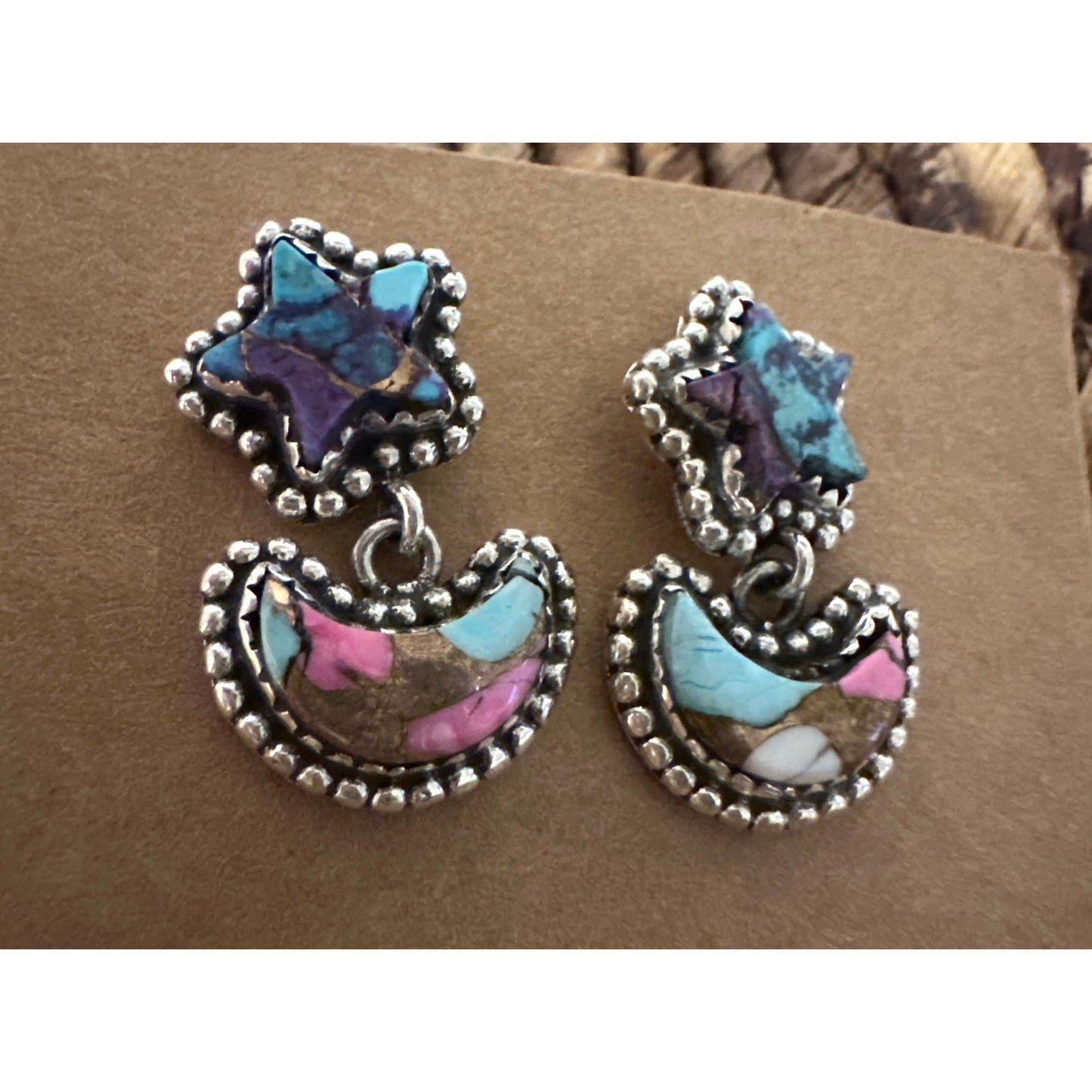 Cotton Candy Turquoise Star Moon Dangle Earrings 1”