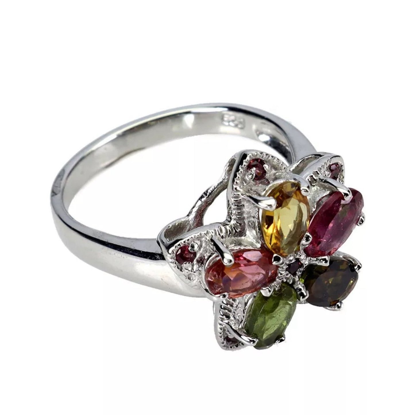 Size 8 Tanzanite, Citrine, Rhodolite, Peridot Flower Ring in .925 Sterling Silve