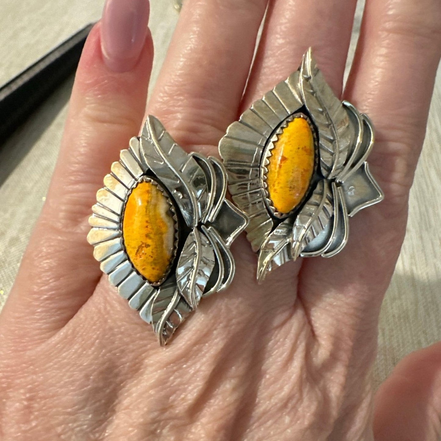 Bumblebee Jasper leaf/feather floral design southwestern ring size 7