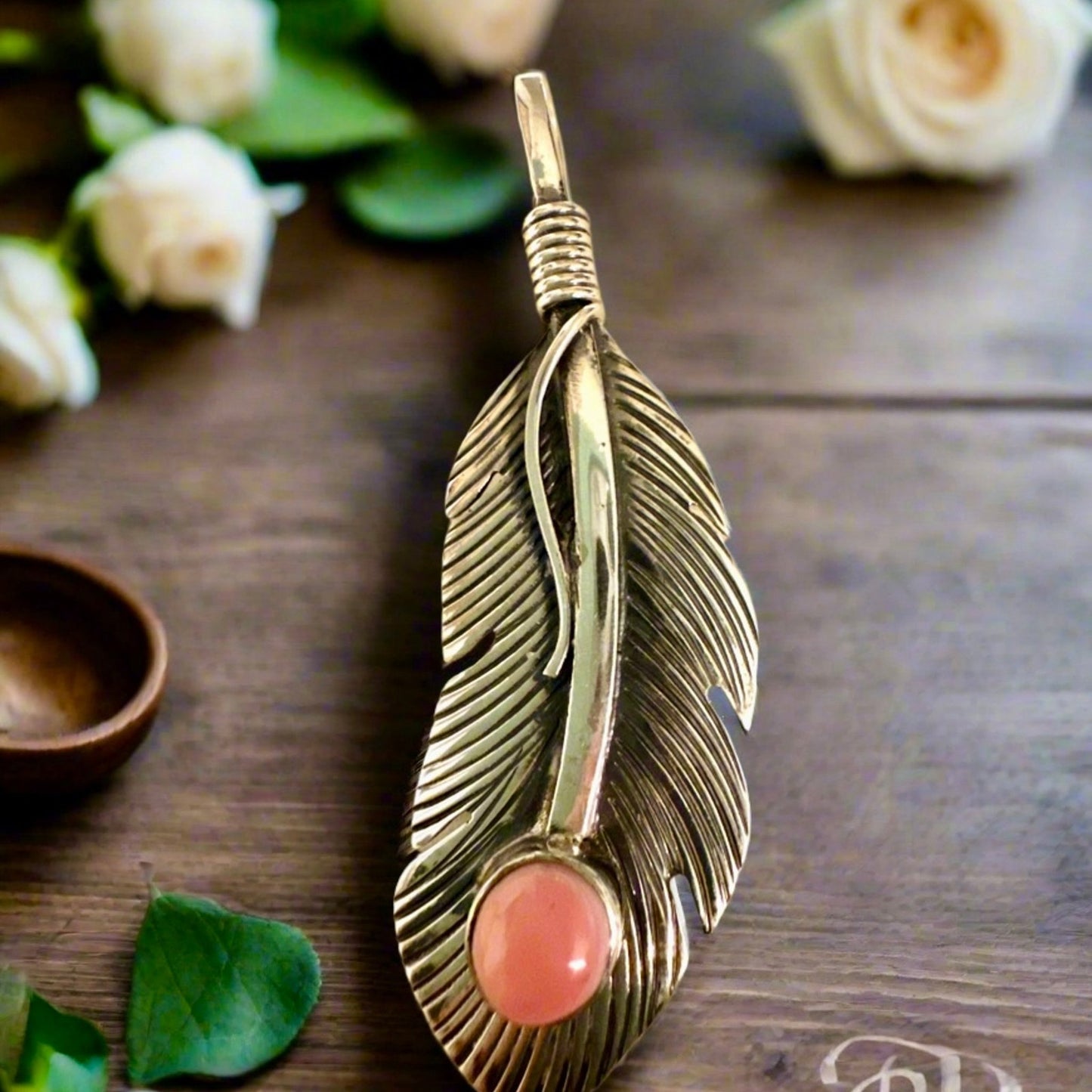 Pink Conch Southwestern Feather Sterling Silver Pendant 2” Long
