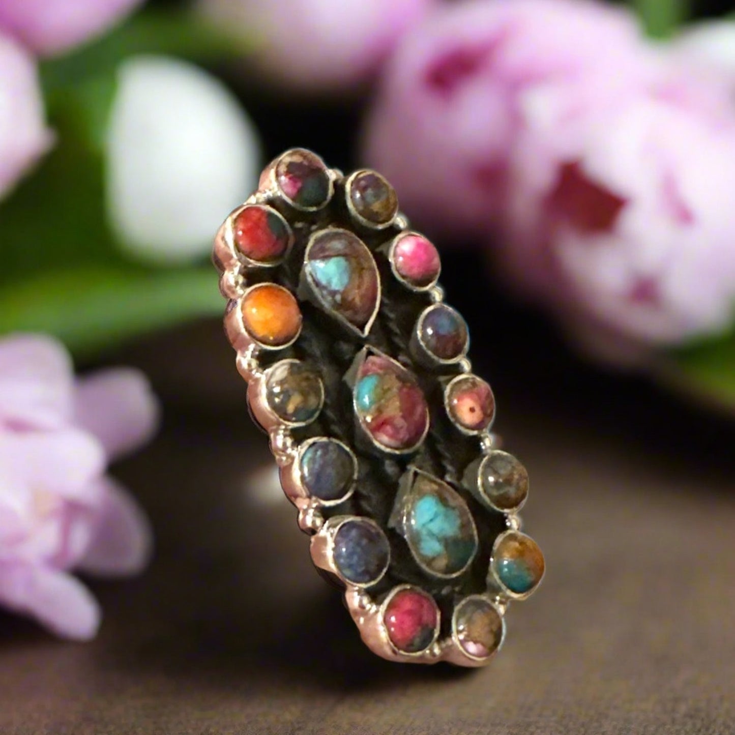 Stunning Spiny Oyster Pink Dahlia Southwestern Ring Adjustable 2” Long