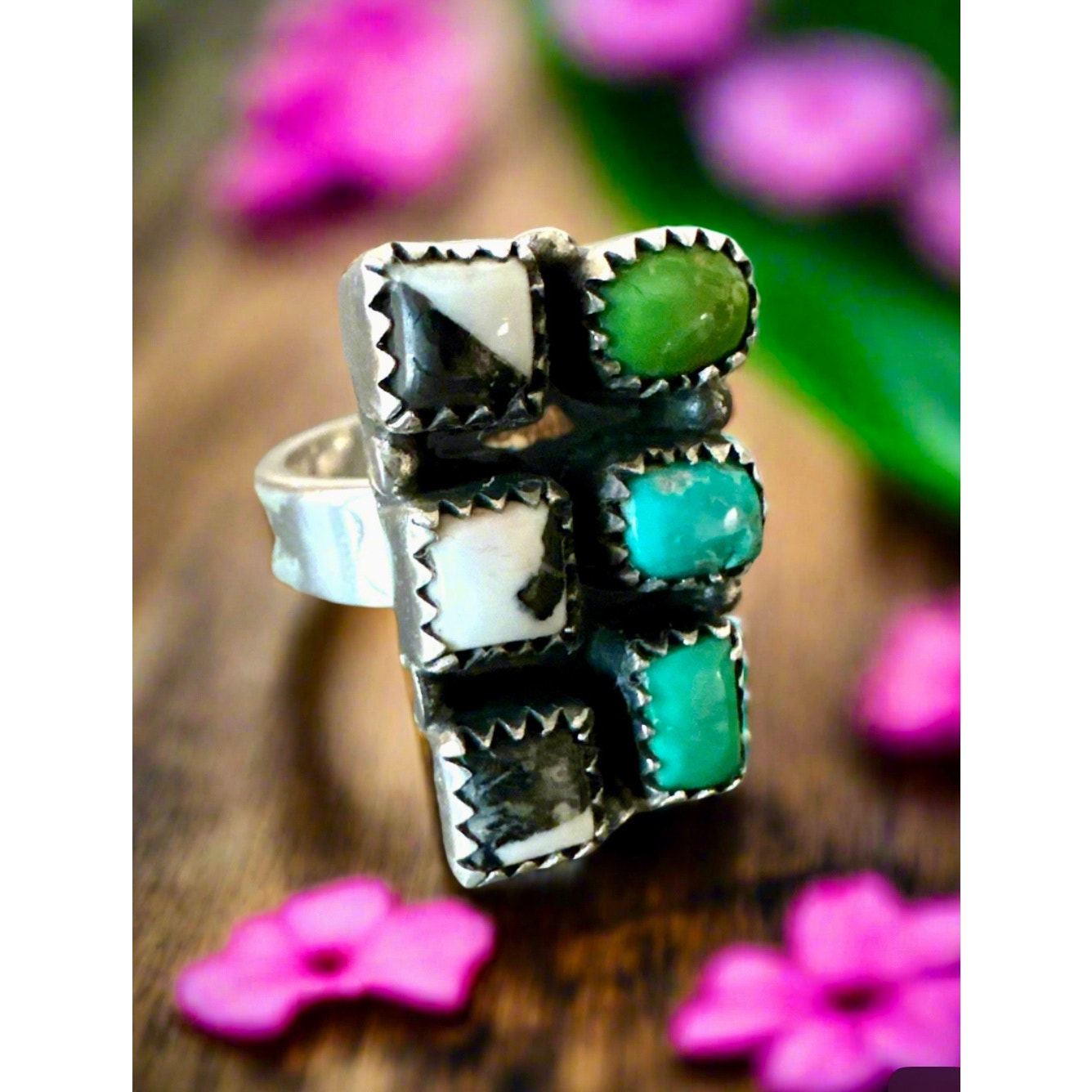 Sonoran Gold Turquoise | White Buffalo | Square Cluster Ring | 5-10