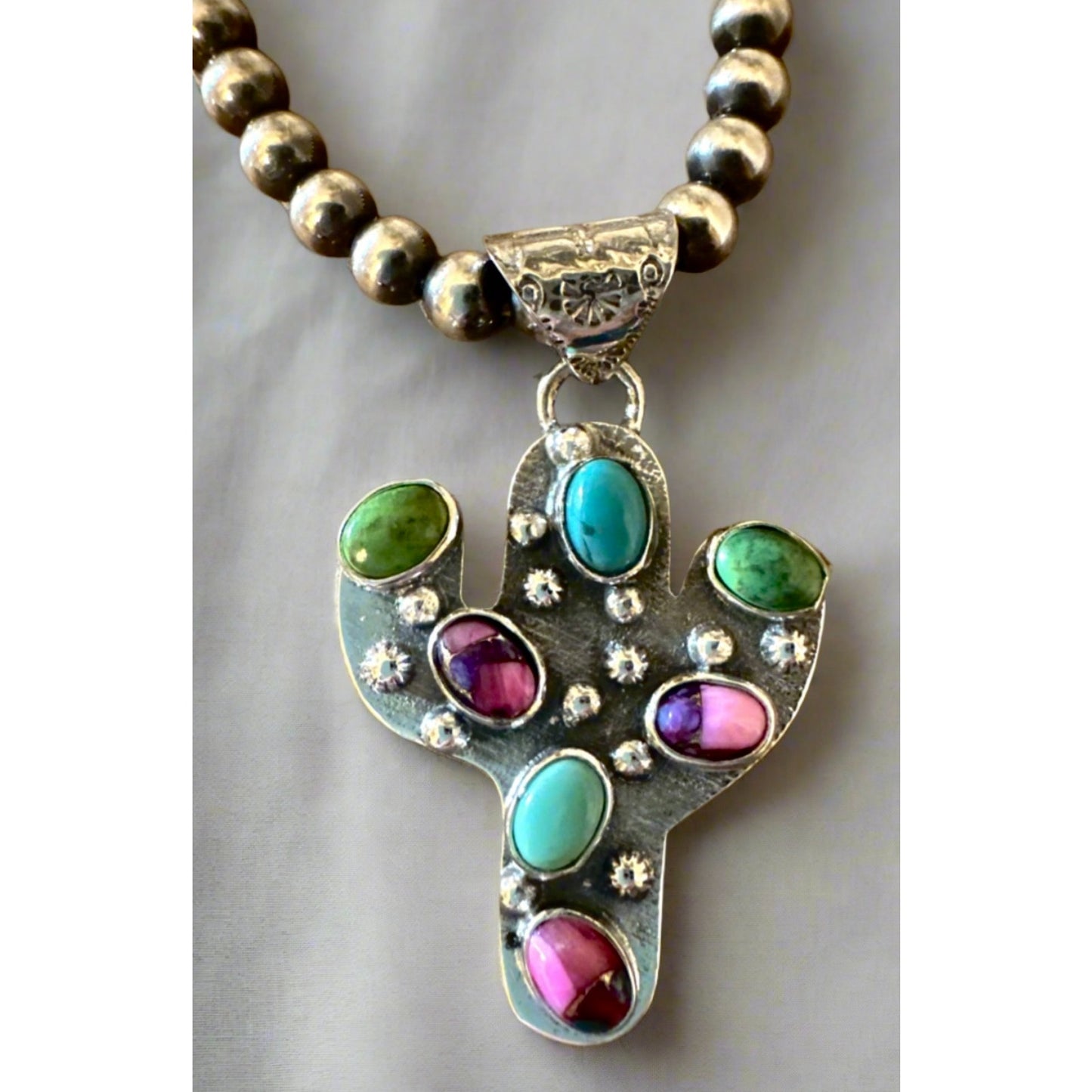 Green Blue Turquoise & Red Rose Dahlia Cactus Pendant 1.25” Long Sterling .925