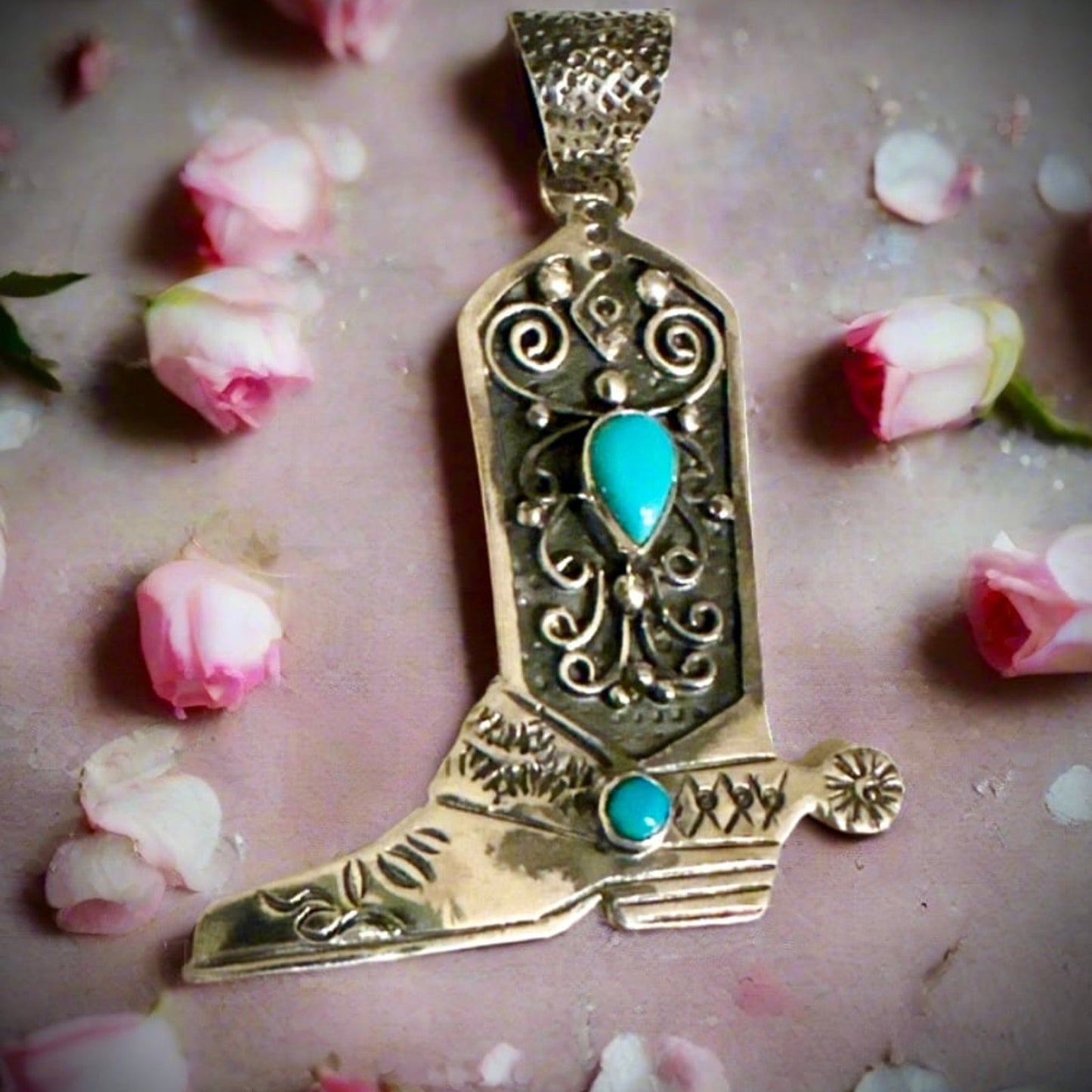 Turquoise Cowboy Boot Sterling Southwestern Pendant 2” Long