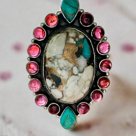 Turquoise White Buffalo & Garnet Southwestern Ring Adjustable