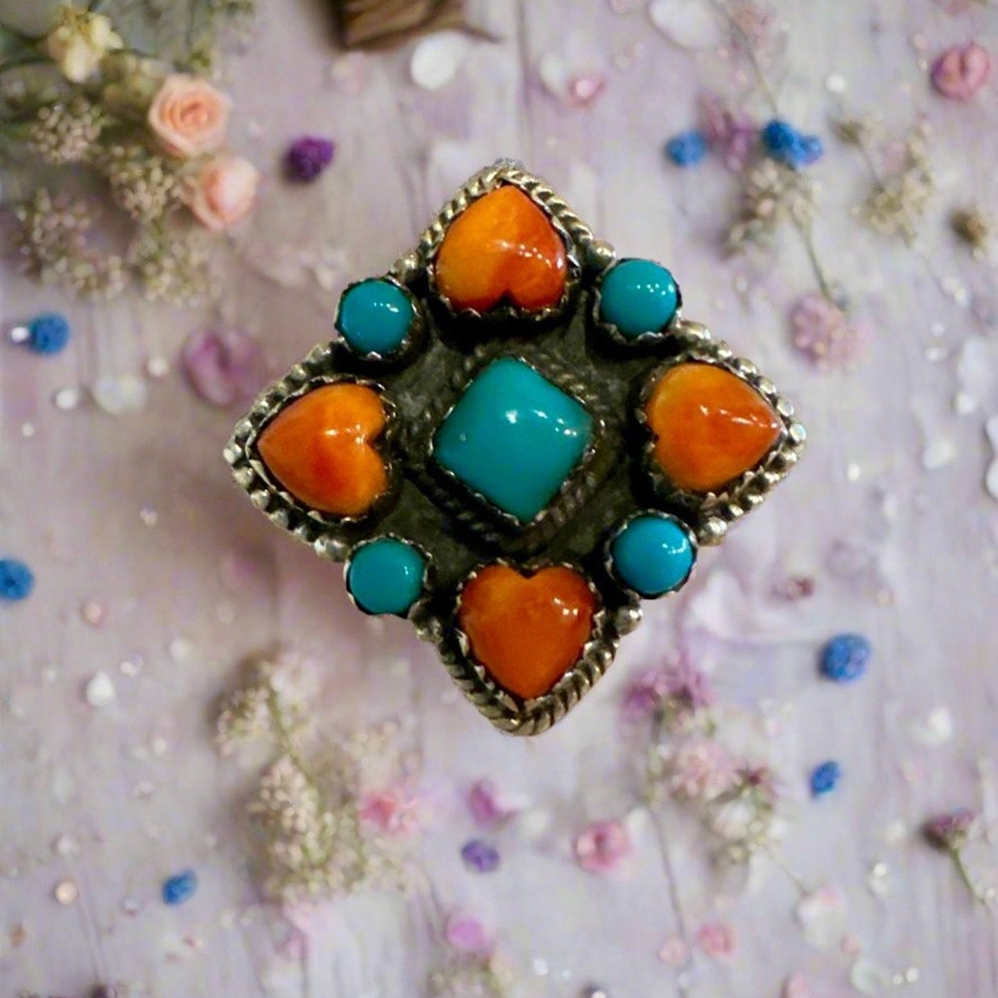 Turquoise & Spiny Oyster Southwestern Sterling Silver Ring Size 7
