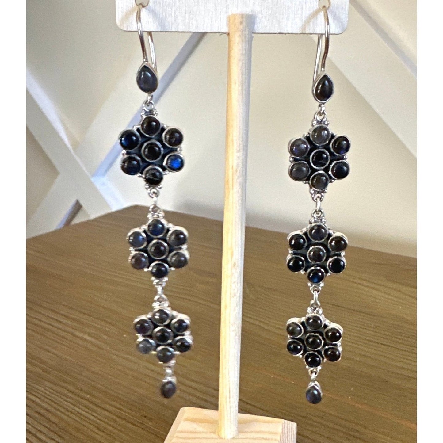 Natural Labradorite Flower Dangle .925 Sterling Silver Earrings 4.5” Long!