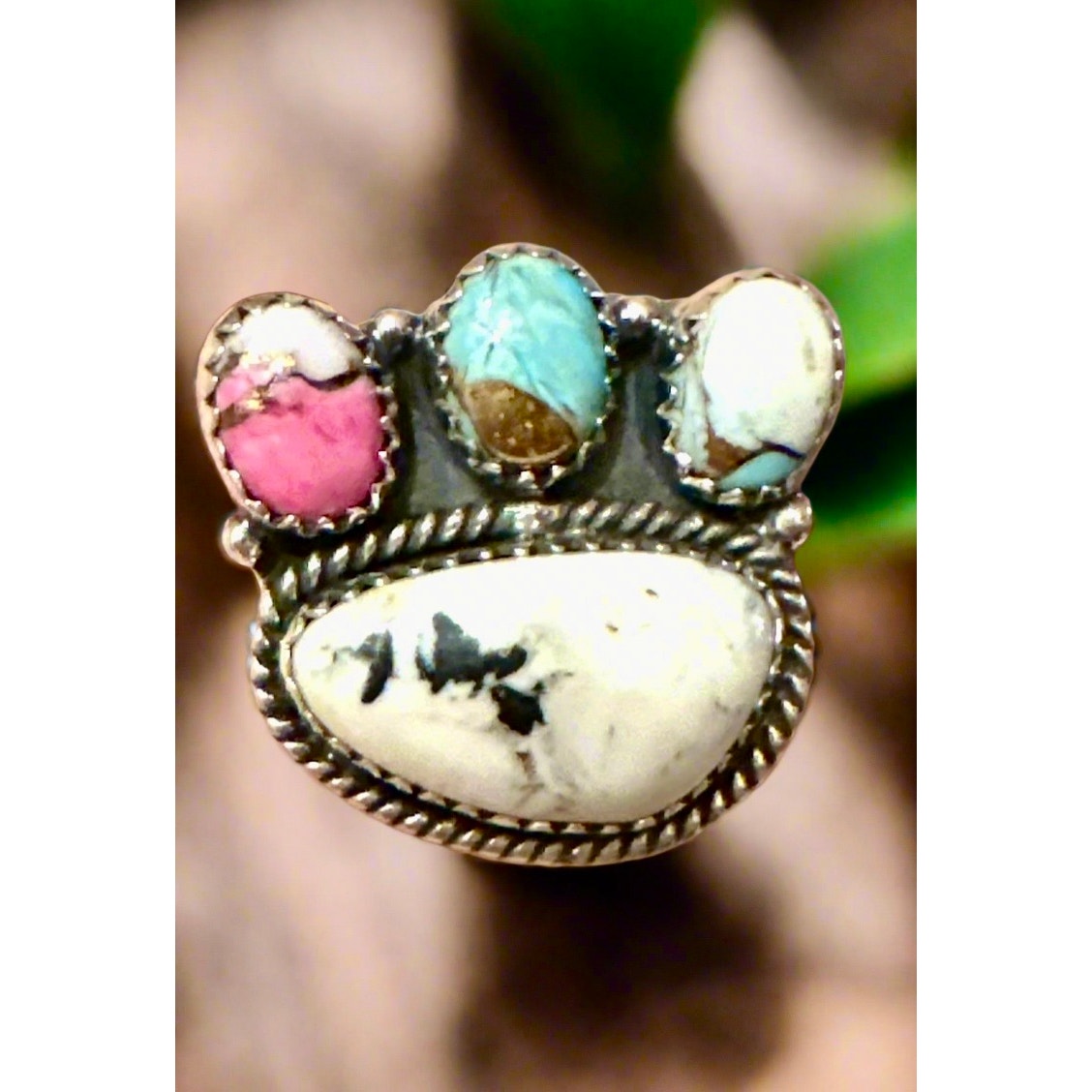 White Buffalo & Cotton Candy Cluster Sterling Ring Adjustable 5-11