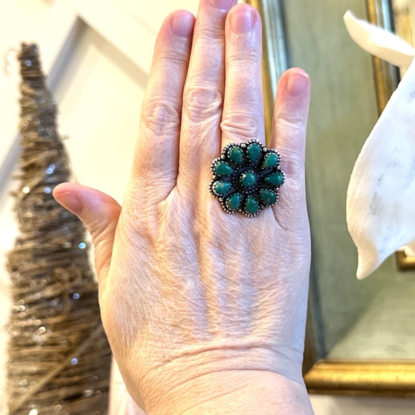 Green Brown Turquoise Cluster Ring Size 7