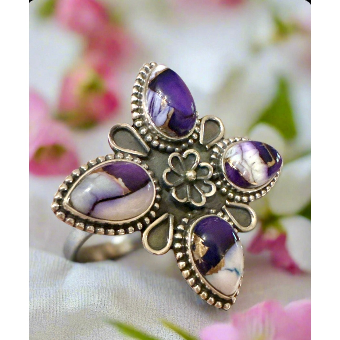 Purple Copper Dahlia Turquoise Sterling Silver Ring Size 8