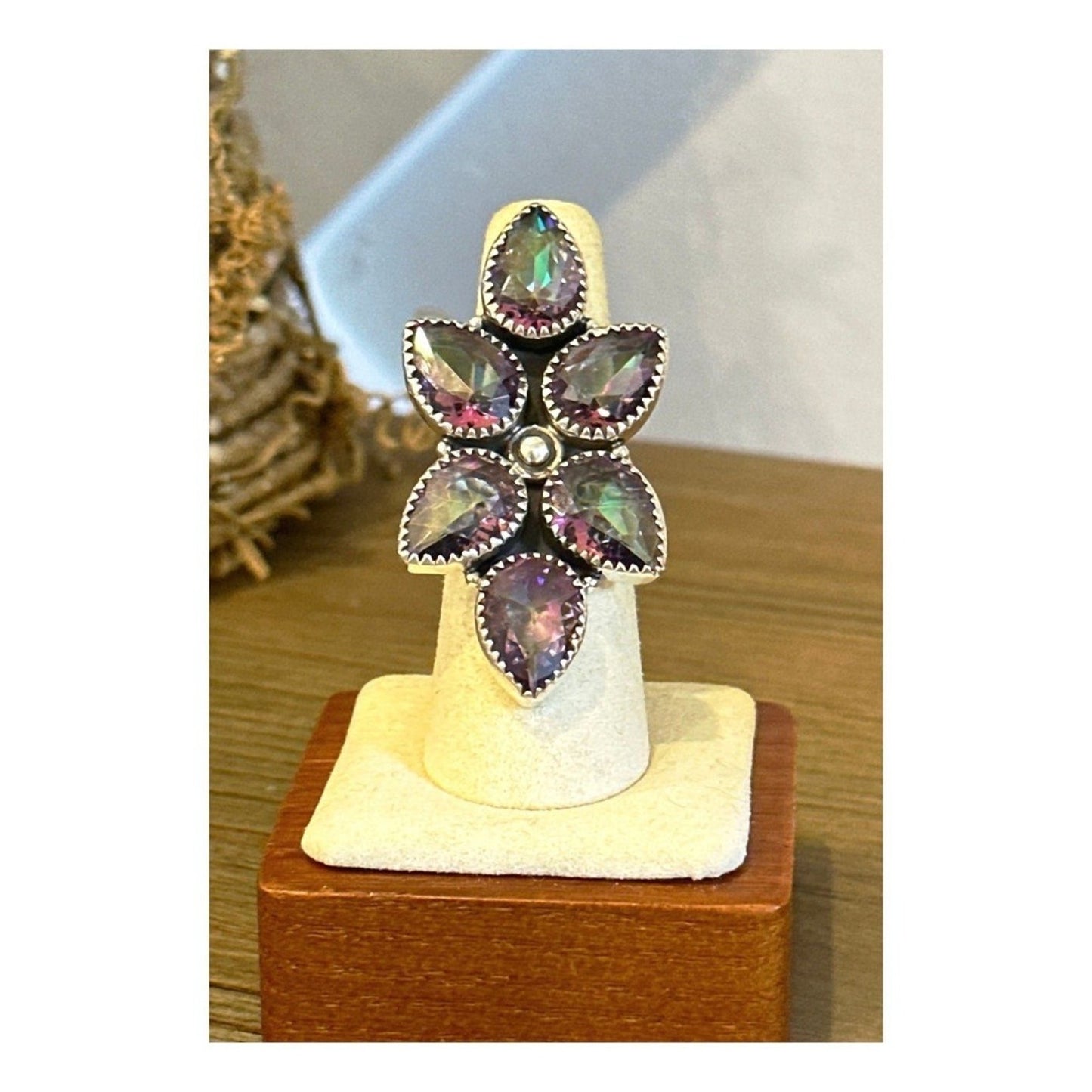 HUGE Teardrop Sawtooth Oxidized Mystic Topaz .925 Ring Adjustable 4-12