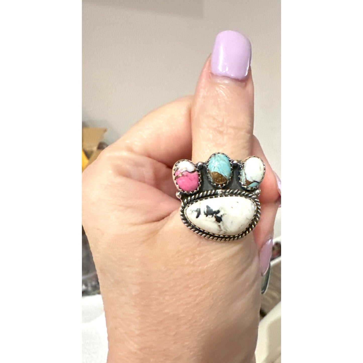 White Buffalo & Cotton Candy Cluster Sterling Ring Adjustable 5-11