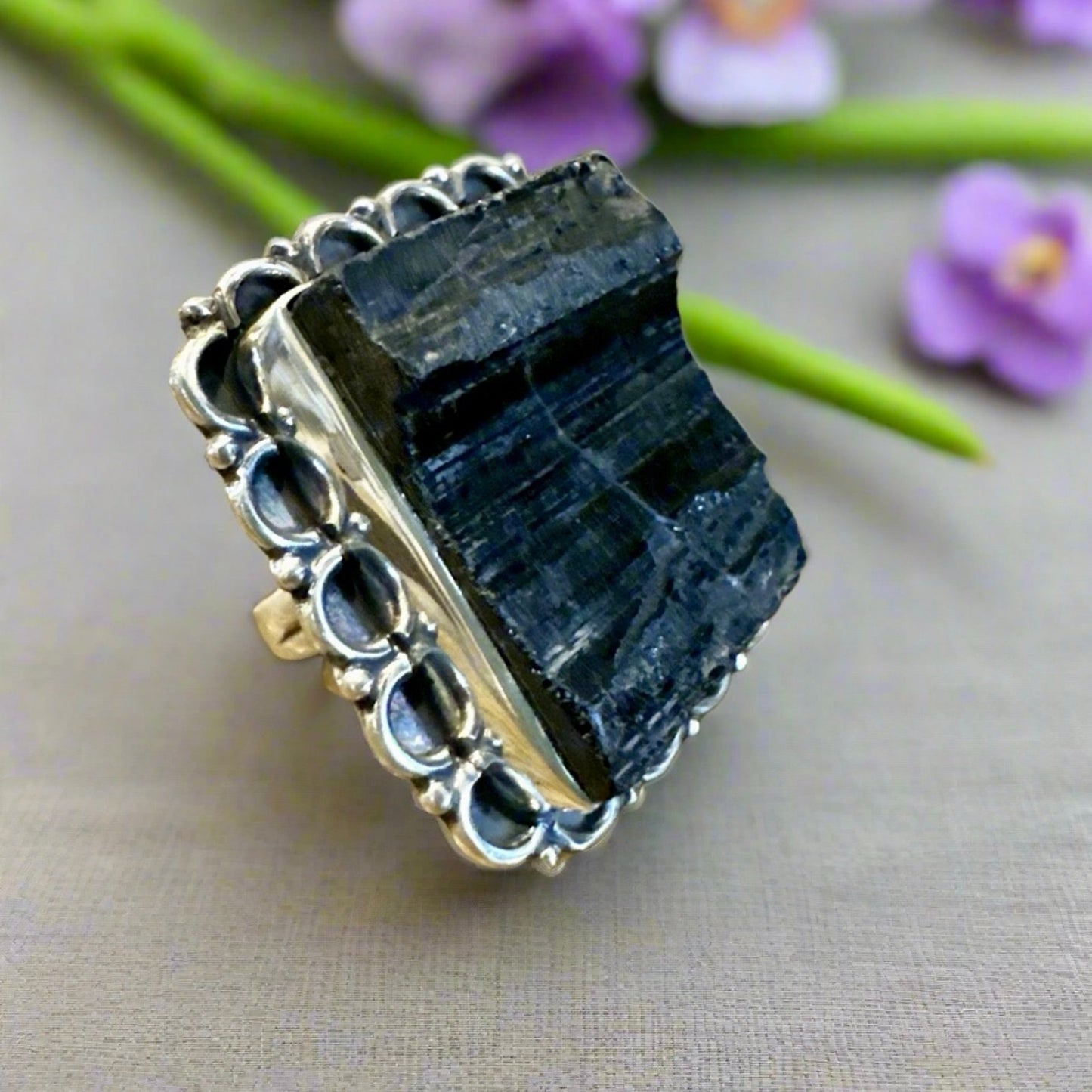 Huge Black Tourmaline Square Sterling Silver Ring Size 6