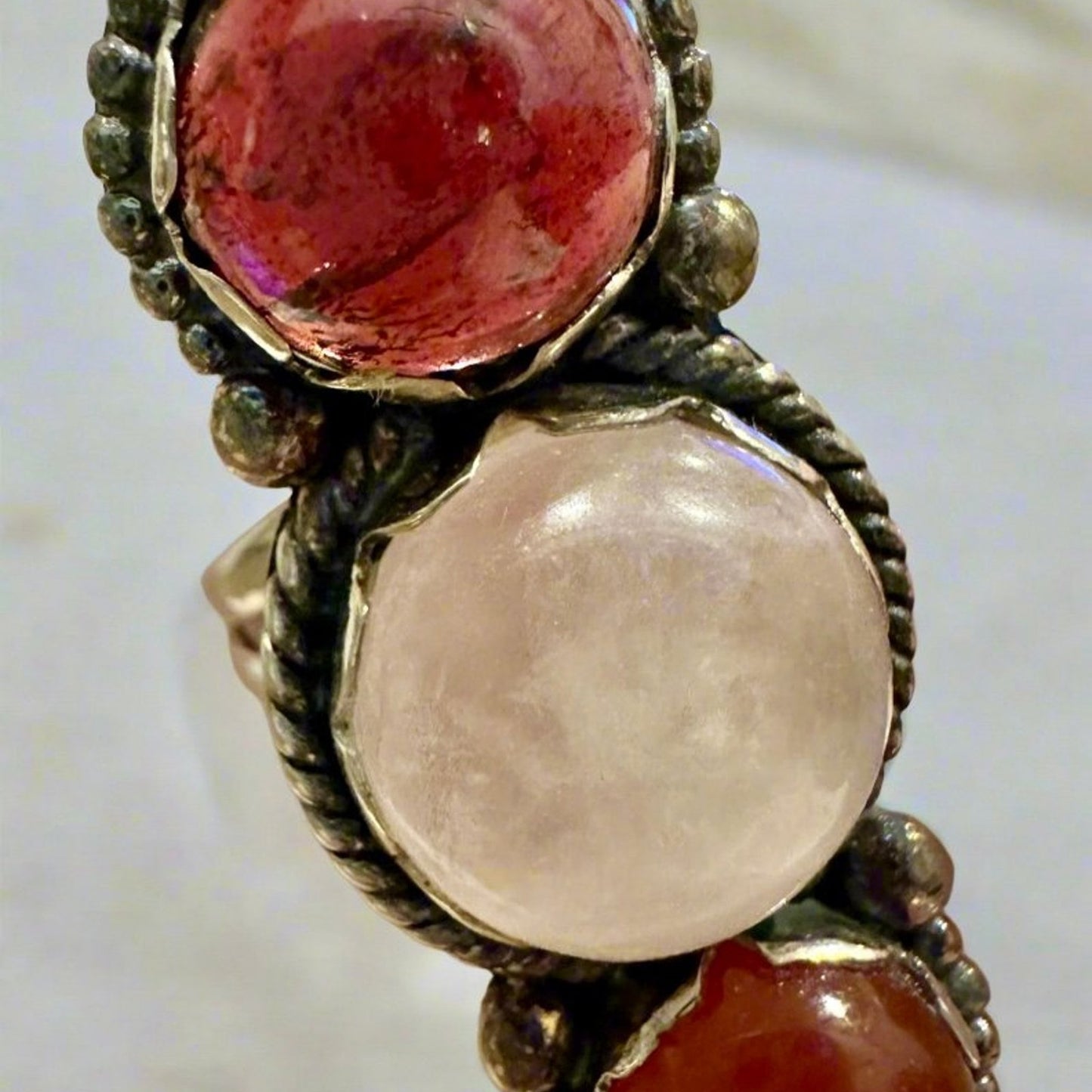 Amazing Raspberry Red Rhodolite, Moonstone & Carnelian Three Stone Ring size 6