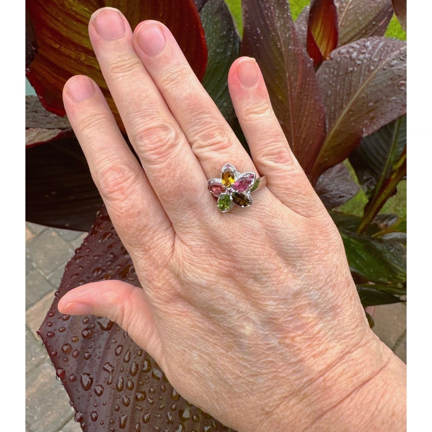 Size 8 Tanzanite, Citrine, Rhodolite, Peridot Flower Ring in .925 Sterling Silve