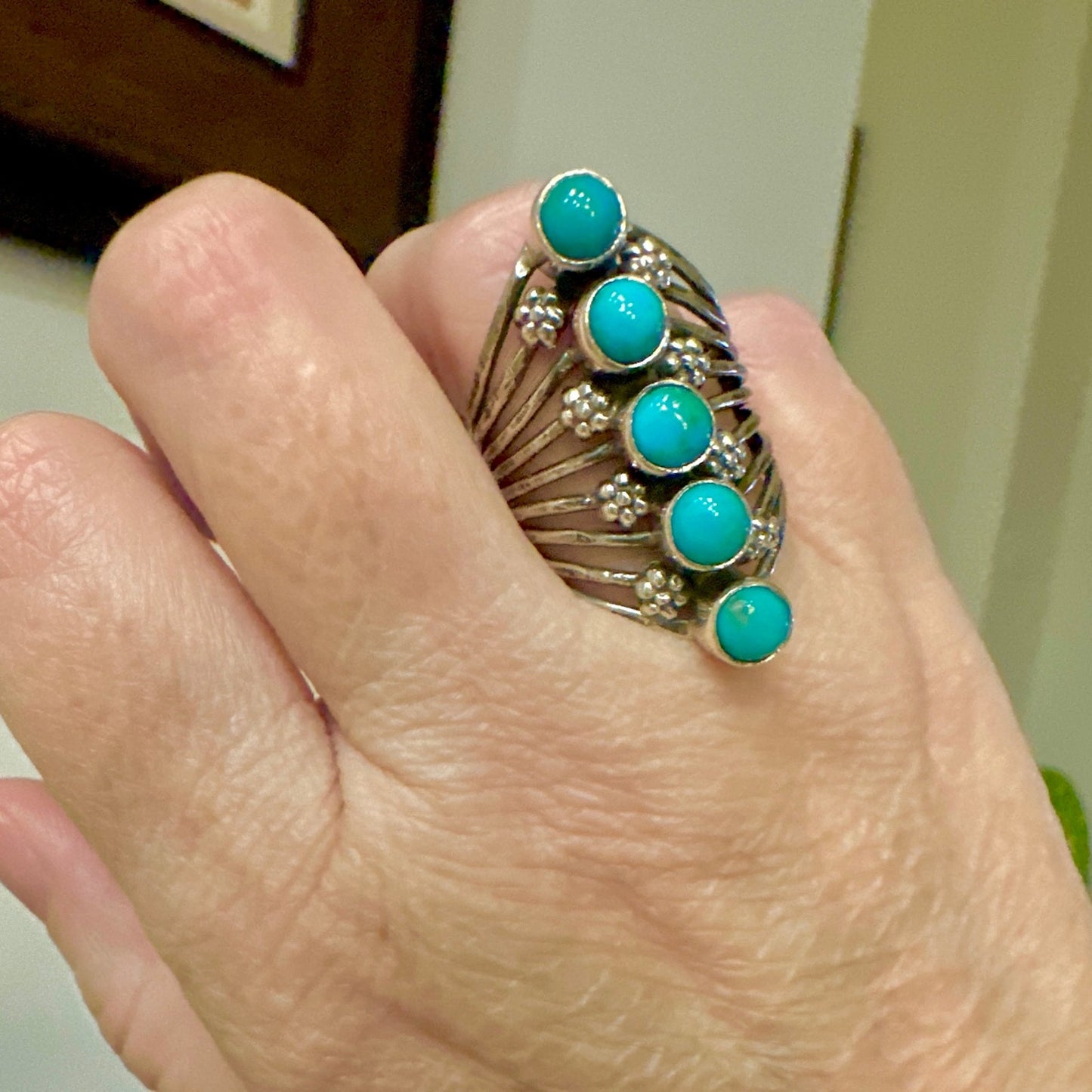 Five Stone Kingman Turquoise Flower Sterling Ring Size 9.25