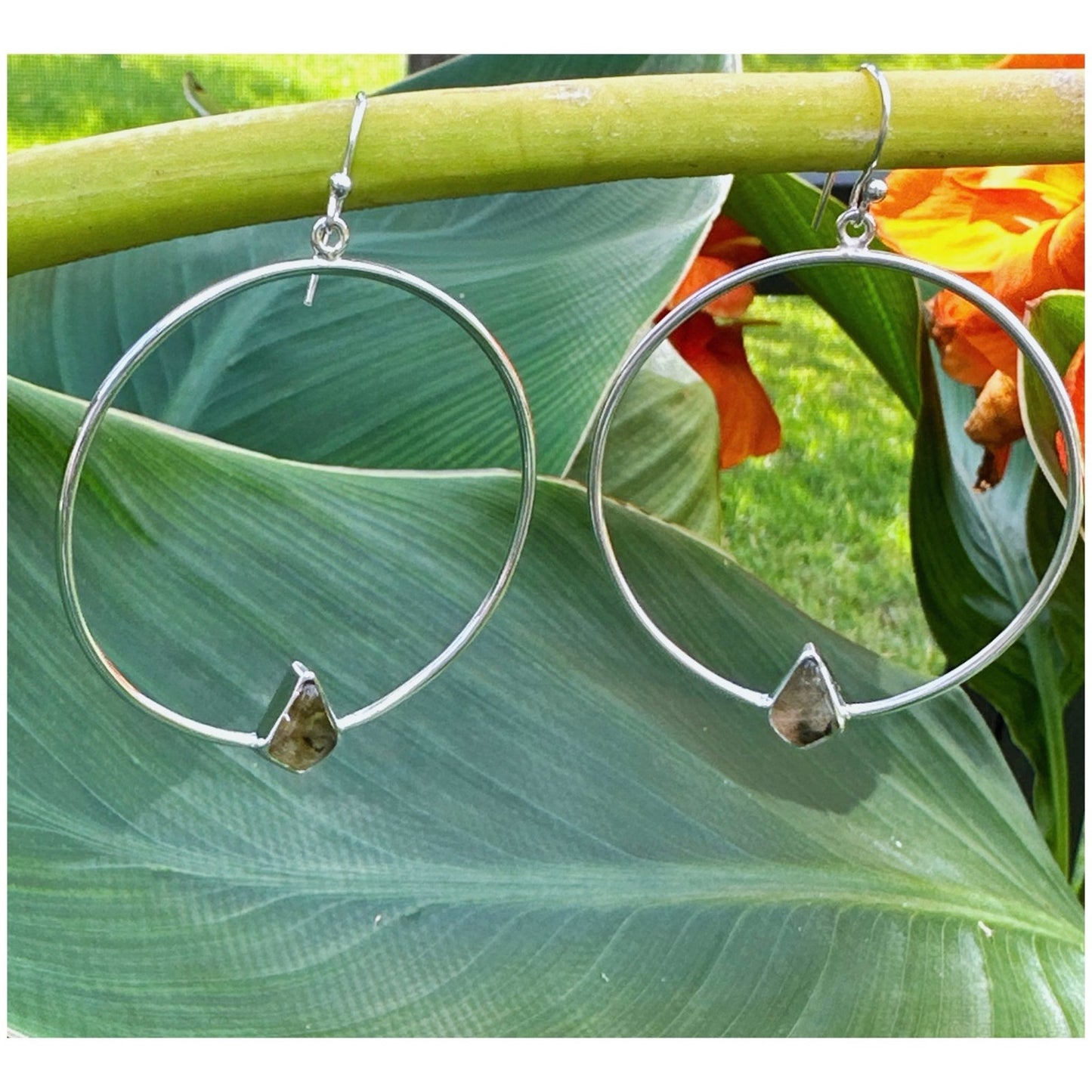 Genuine Labradorite .925 Silver Hoops 2.5” Long!