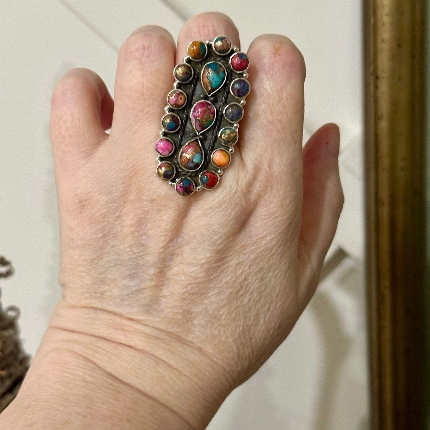 Stunning Spiny Oyster Pink Dahlia Southwestern Ring Adjustable 2” Long