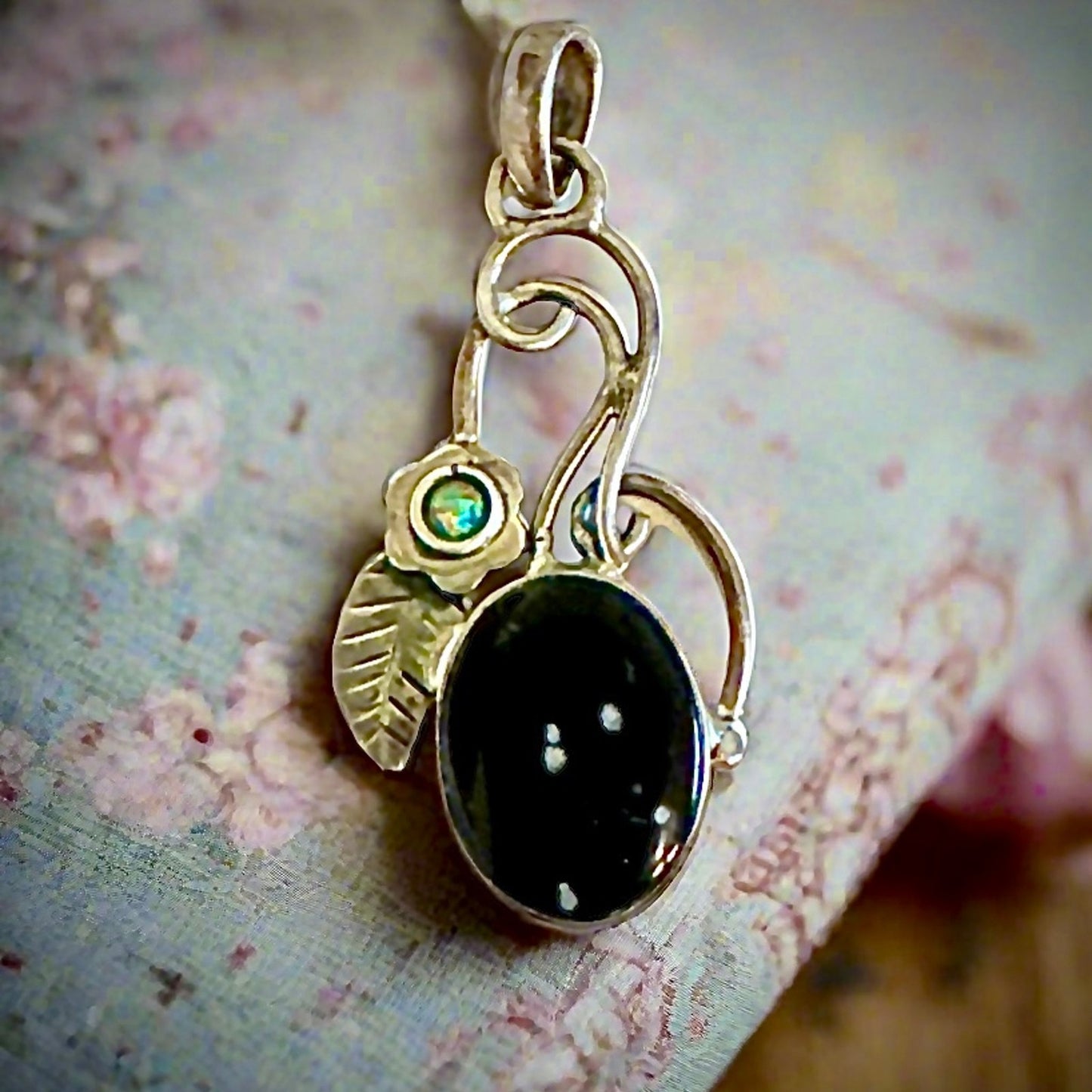 Snowflake Obsidian & Ethiopian Opal Oval Leaf Feather Pendant 2”