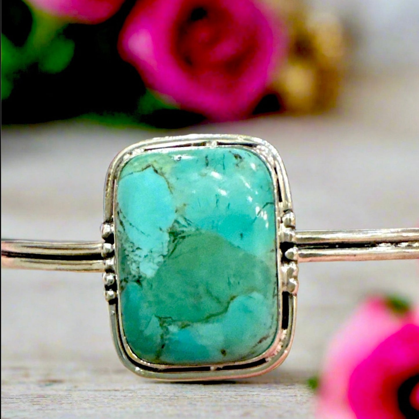 Square Green/Blue Turquoise Cuff 925 Silver Bracelet 1” Adjustable