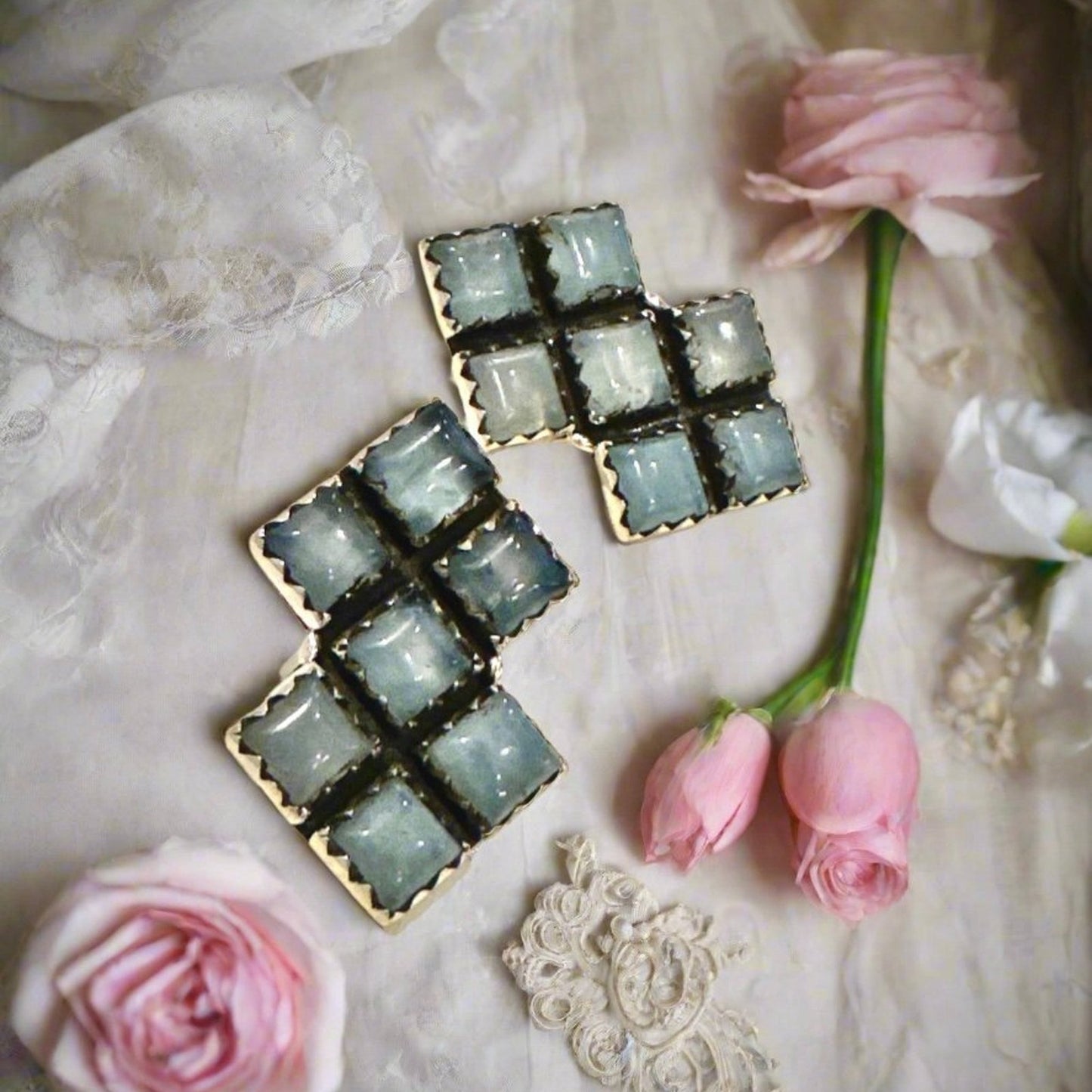 Chalcedony Square Cluster Geometric Sterling Silver Earrings 1”