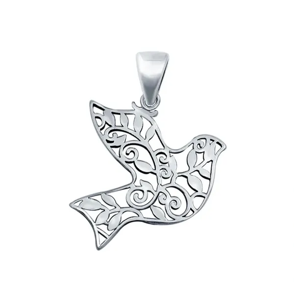 Dove Bird & Flowers Charm Pendant Flowers Solid 925 Sterling Silver