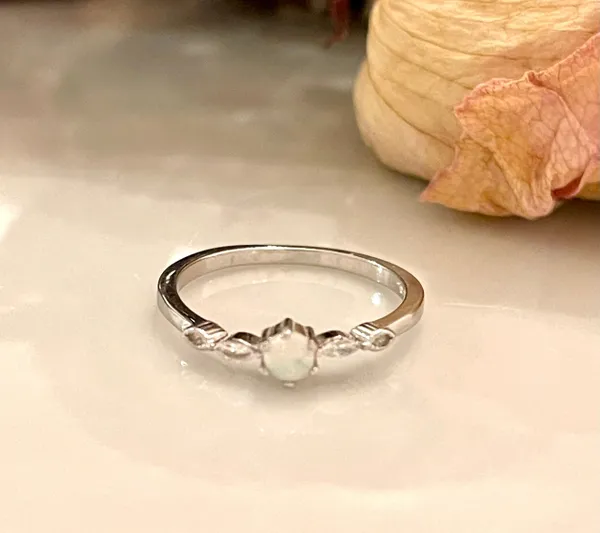 Petite, dainty engagement ring marquee lab white opal 925 solid silver ring