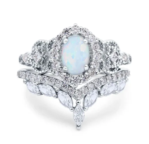 Wedding Band Bridal Ring Oval Accent Vintage Lab Created White Opal 925 Sterling Silver