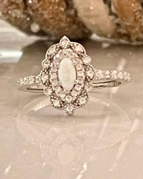 Art deco marquee wedding ring lab created white opal 925 sterling silver ring