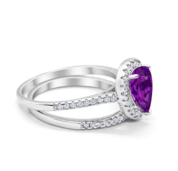 Teardrop Pear Bridal Set Engagement Ring Simulated Amethyst CZ 925 Sterling Silver