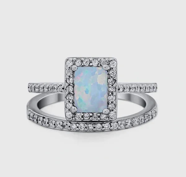 Radiant Cut Two Piece Engagement Ring Lab Created CZ .925 Sterling Silver Wedding Band Set