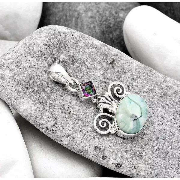 Prase aqua & mystic topaz sterling silver pendant