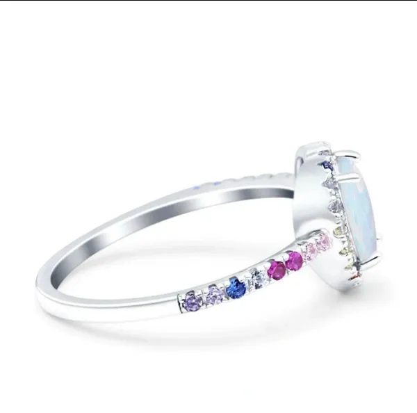 Heart Art Deco Multi Color Wedding Bridal Ring Lab Created White Opal 925 Sterling Silver
