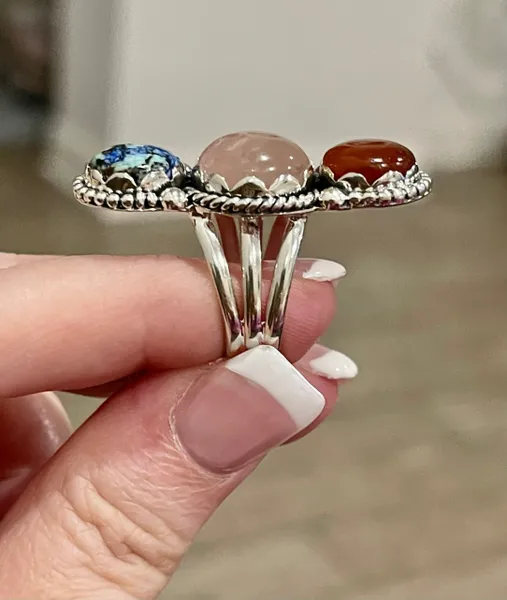 Azurite Turquoise, Rose Quartz & Orange Carnelian Solid Silver Ring Sz 8