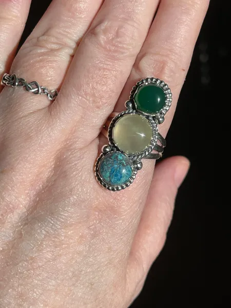 Chrysocolla, Rutile & Jade Three Stone Boho 925 Sterling Ring Size 10
