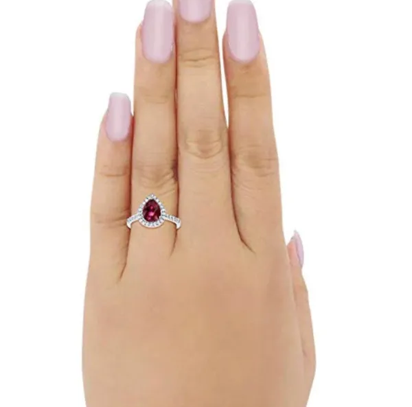 Halo Teardrop Bridal Filigree Ring Simulated Ruby CZ 925 Sterling Silver