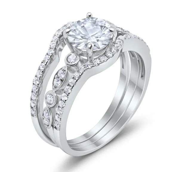 Trio Set Three Piece Wedding Ring Round Simulated Cubic Zirconia 925 Sterling Silver.